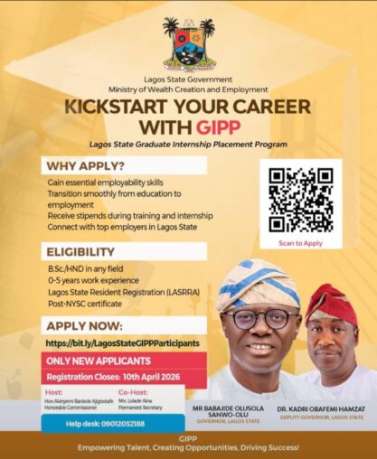 Call for Applications: Lagos State Graduate Internship Placement Programme (GIPP) 2026 ( Employment Opportunities, Stipends and other Benefits)
