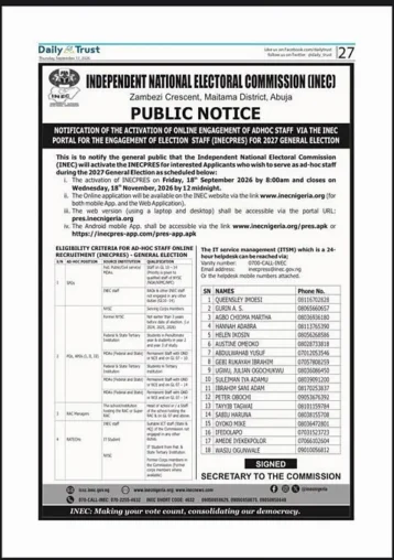 INEC Ad-Hoc Staff Recruitment for 2027 General Election