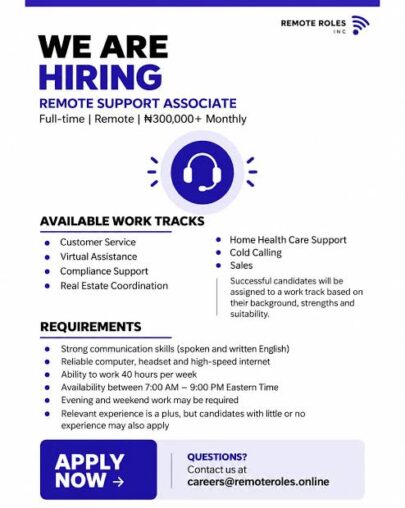 Hiring: Remote Support Associate Needed at RemoteRoles Inc.