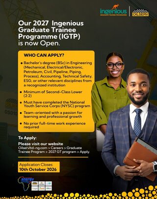 The Oilserv Ingenious Graduate Trainee Programme (IGTP) 2027 for young Nigerian graduates.